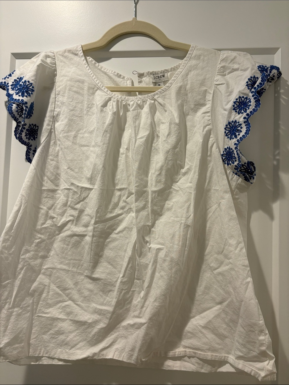 J. Crew White Cotton Blouse with Blue Embroidered Sleeves